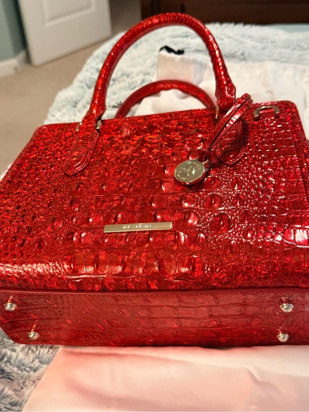 Glossy Red Croc-Embossed Satchel with Gold Accents teal leather